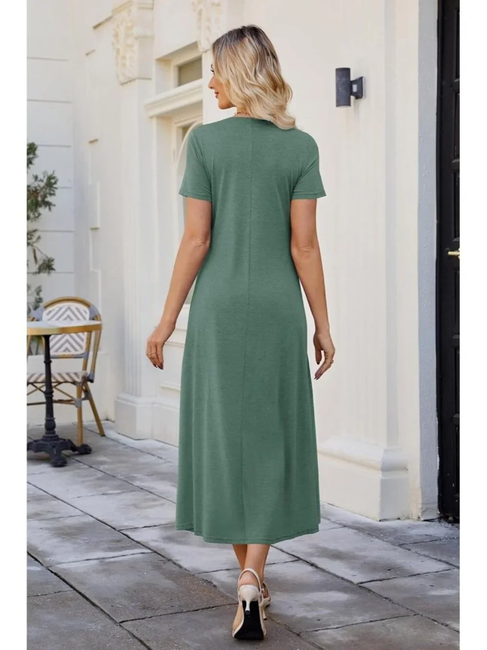 Women's Summer Green Casual Short Sleeve Crewneck Pleated Flowy Beach Maxi Dress - Picture 5 of 6